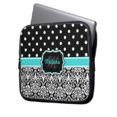 Black Blue Mit Monogramm Damask Polka Dot Laptopschutzhülle (Vorderseite Links)