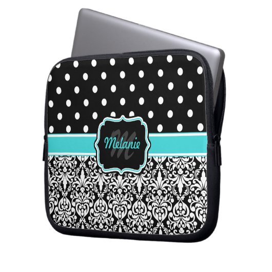 Black Blue Mit Monogramm Damask Polka Dot Laptopschutzhülle (Vorderseite Links)