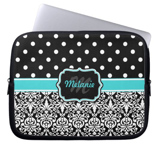 Black Blue Mit Monogramm Damask Polka Dot Laptopschutzhülle (Vorderseite)