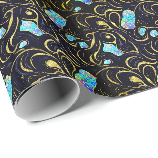 Black & Blue Modern Imitats Gold & Opal Geschenkpapier (Rolleneckpunkt)