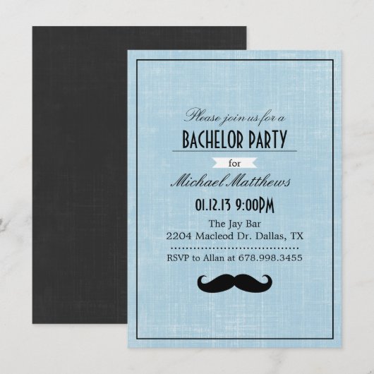 Black & Blue Mustache Bachelor Party Einladung (Vorne/Hinten)