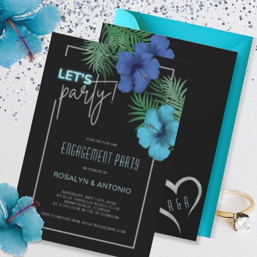Black Blue Neon Tropical Engagement Party Einladung