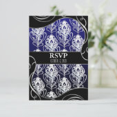 Black & Blue Peacock Feather Wedding RSVP Cards (Stehend Vorderseite)