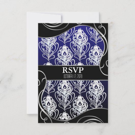 Black & Blue Peacock Feather Wedding RSVP Cards Karte (Vorderseite)