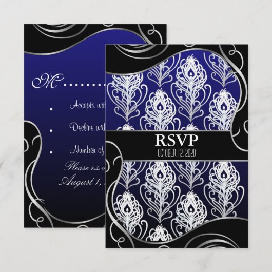 Black & Blue Peacock Feather Wedding RSVP Cards Karte (Vorne/Hinten)