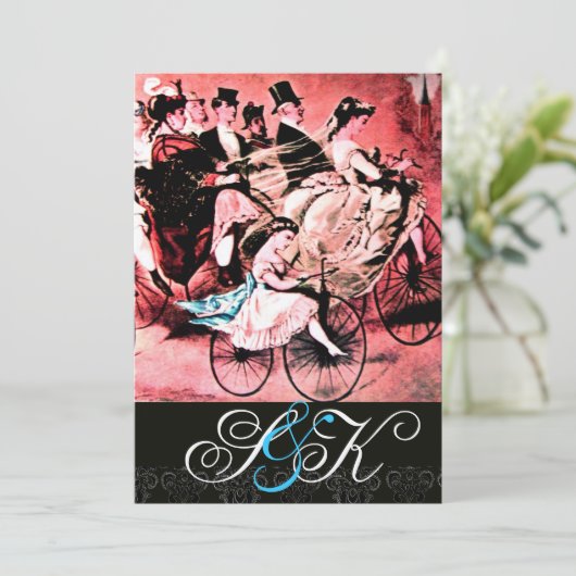 BLACK BLUE RED BICYCLE WEDD DAMASK MONOGRAM EINLADUNG (Stehend Vorderseite)