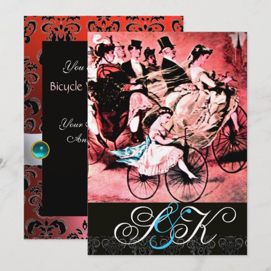 BLACK BLUE RED BICYCLE WEDD DAMASK MONOGRAM EINLADUNG (Vorne/Hinten)