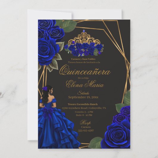 Black Blue Rose Gold Princess Quinceañera Einladung (Vorderseite)
