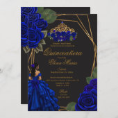 Black Blue Rose Gold Princess Quinceañera Einladung (Vorne/Hinten)