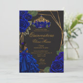 Black Blue Rose Gold Princess Quinceañera Einladung (Stehend Vorderseite)
