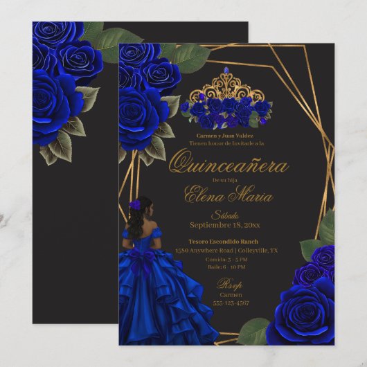Black Blue Rose Gold Princess Quinceañera Einladung (Vorne/Hinten)