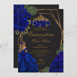 Black Blue Rose Gold Princess Quinceañera Einladung