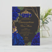 Black Blue Rose Gold Princess Quinceañera Einladung (Stehend Vorderseite)