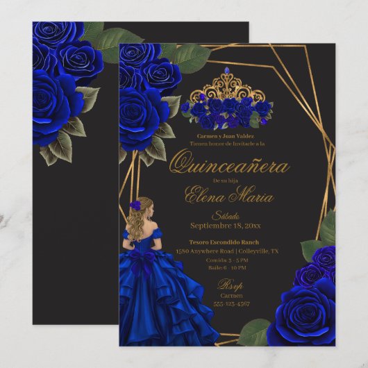 Black Blue Rose Gold Princess Quinceañera Einladung (Vorne/Hinten)