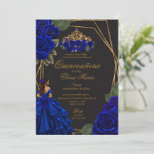 Black Blue Rose Gold Princess Quinceañera Einladung (Stehend Vorderseite)