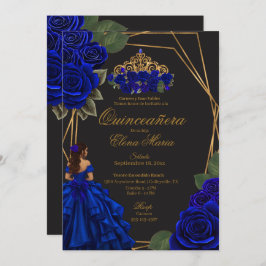 Black Blue Rose Gold Princess Quinceañera Einladung