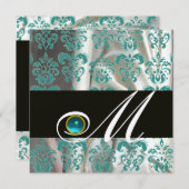 BLACK BLUE SILK DAMASK MONOGRAMM AQUAMARINE EINLADUNG (Vorne/Hinten)