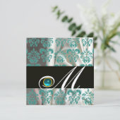 BLACK BLUE SILK DAMASK MONOGRAMM AQUAMARINE EINLADUNG (Stehend Vorderseite)