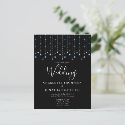 Black Blue Silver Stars String Lights Wedding Postkarte (Stehend Vorderseite)
