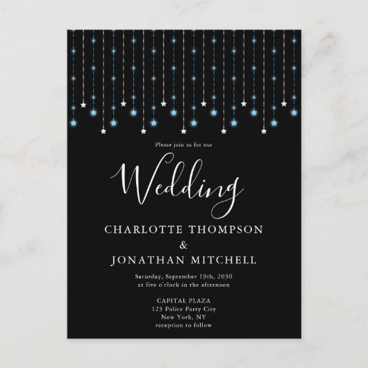 Black Blue Silver Stars String Lights Wedding Postkarte (Vorderseite)