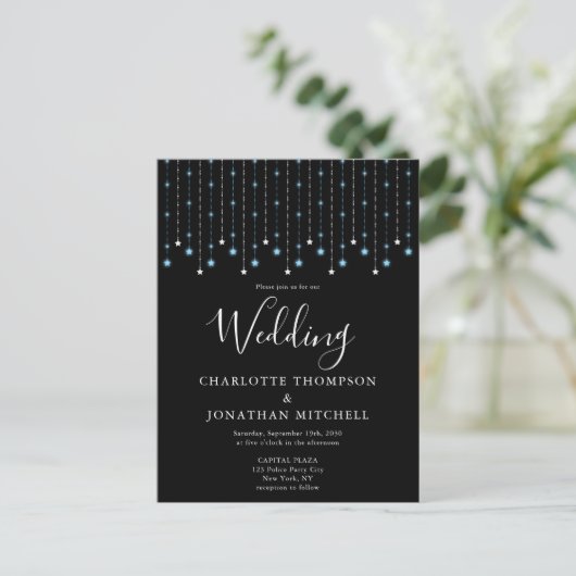 Black Blue Silver Stars String Lights Wedding Postkarte (Stehend Vorderseite)