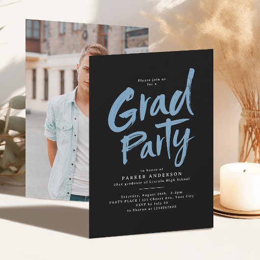 Black Blue Simple Modern Brush Script Grad Party Einladung