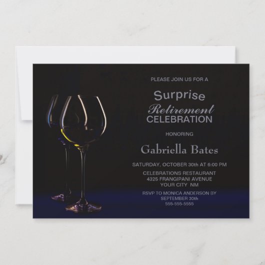 Black Blue Surprise Retirement Wine Glass Party Einladung (Vorderseite)