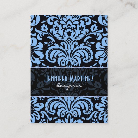 Black Blue Vintag Floral Damask Visitenkarte (Vorderseite)