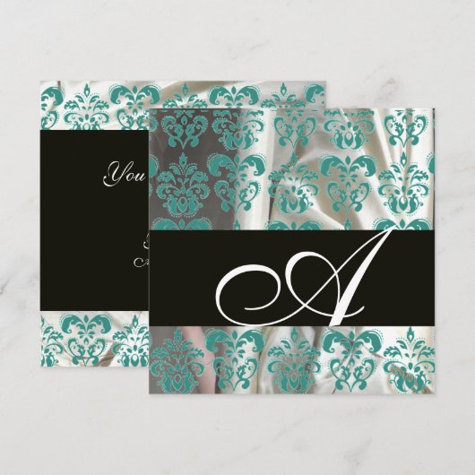 BLACK BLUE WHUE SILK DAMASK CLOTH MONOGRAMM EINLADUNG (Vorne/Hinten)