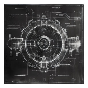 Black Blueprint Sci-Fi Space Station Fotodruck