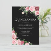 Black Blush & Burgundy Quinceanera Party Einladung (Stehend Vorderseite)