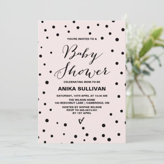 Black & Blush Confetti Dots Kinderdusche Einladung (Stehend Vorderseite)