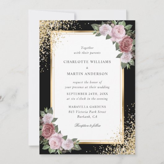 Black Blush Gold Frame Confetti Bloral Wedding Einladung (Vorderseite)