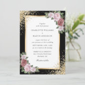 Black Blush Gold Frame Confetti Bloral Wedding Einladung (Stehend Vorderseite)