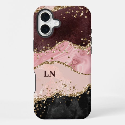 Black Blush Gold Glitzern Agate Monogram iPhone Hülle (Rückseite)