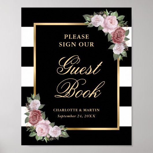Black Blush Pink Floral Wedding Guest Book Sign Poster (Vorne)