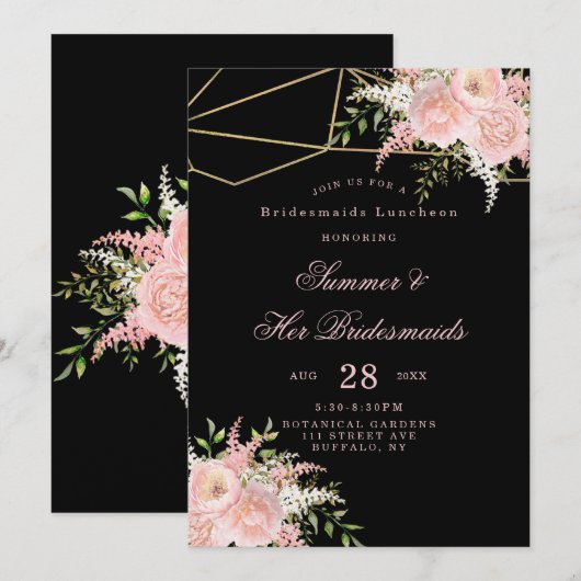 Black Blush Pink Gold Floral Bridesmais Luncheon Einladung (Vorne/Hinten)