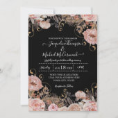 Black Blush Pink Rose Blütenfarbe Gold Einladung (Vorderseite)