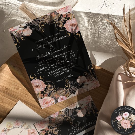 Black Blush Pink Rose Blütenfarbe Gold Einladung
