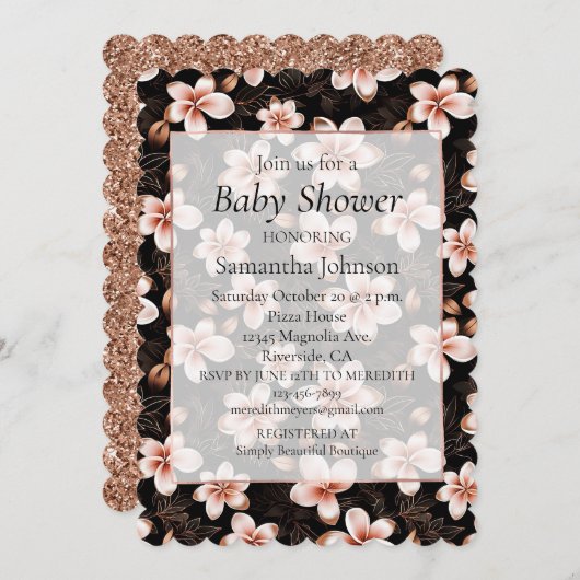 Black Blush Pink Rose Gold Bläserne Baby Dusche Einladung (Vorne/Hinten)