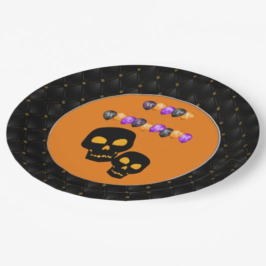 Black Boarder Black Skull Happy Halloween Balloons Pappteller (Schrägansicht)