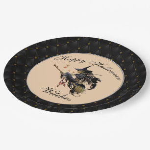 Black Boarder Happy Halloween Hexen Broom Pappteller