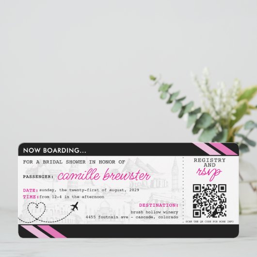 Black Boarding Pass Brautparty Einladung (Stehend Vorderseite)