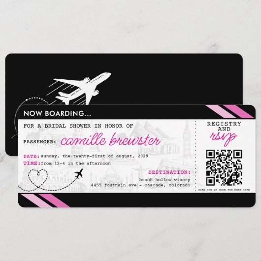 Black Boarding Pass Brautparty Einladung (Vorne/Hinten)