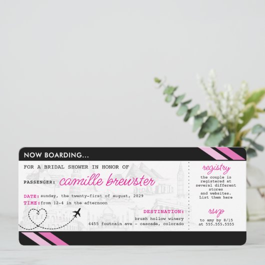 Black Boarding Pass Bridal Dusche Einladung (Stehend Vorderseite)