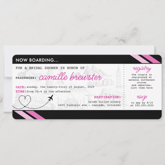 Black Boarding Pass Bridal Dusche Einladung (Vorderseite)