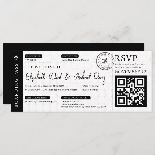 Black Boarding Pass Hochzeit in Urlaubsort Einladung (Vorne/Hinten)