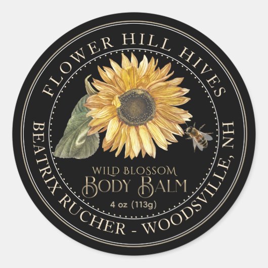 Black Body Balm Label Sonnenblume Metallischer Gol Runder Aufkleber (Vorderseite)