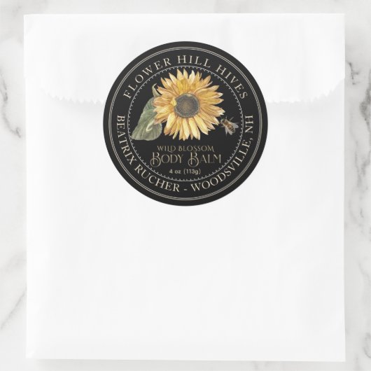Black Body Balm Label Sonnenblume Metallischer Gol Runder Aufkleber (Tasche)