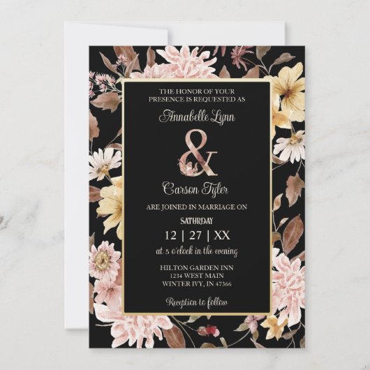 Black Boho Blooms & Bird Wedding Einladung (Vorderseite)